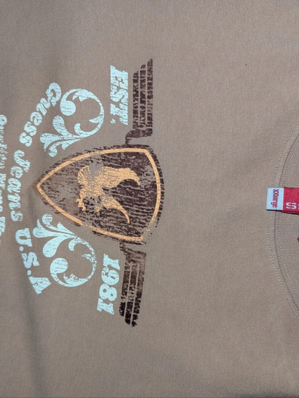 Guess Vintage 2000s Khaki Cotton Tshirt, Men's 2XL - Picture 3 of 4